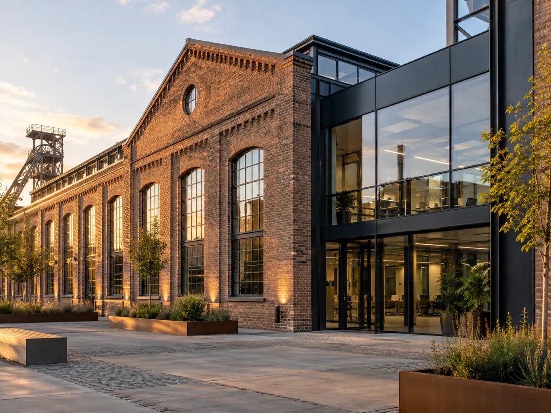 Backsteinhalle mit Stahl-Glas-Anbau (Beispielmotiv)